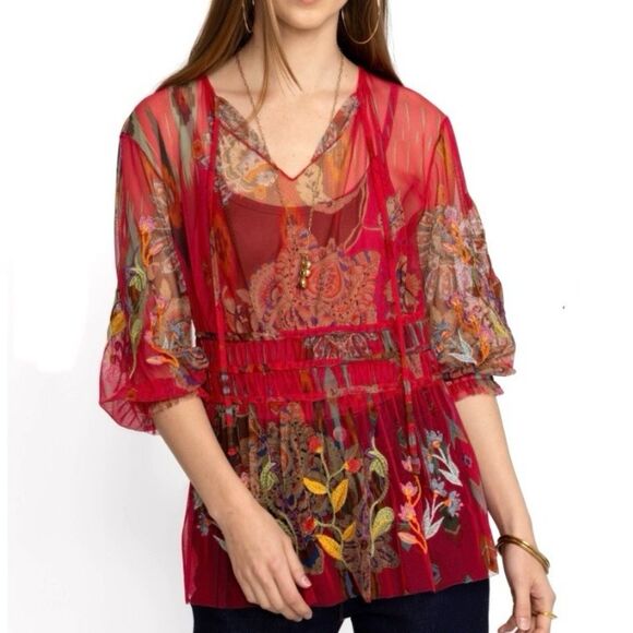 NEW Johnny Was Feather Lark Mesh Blouse Floral Embroidered Red w Camisole Size L - Picture 3 of 16